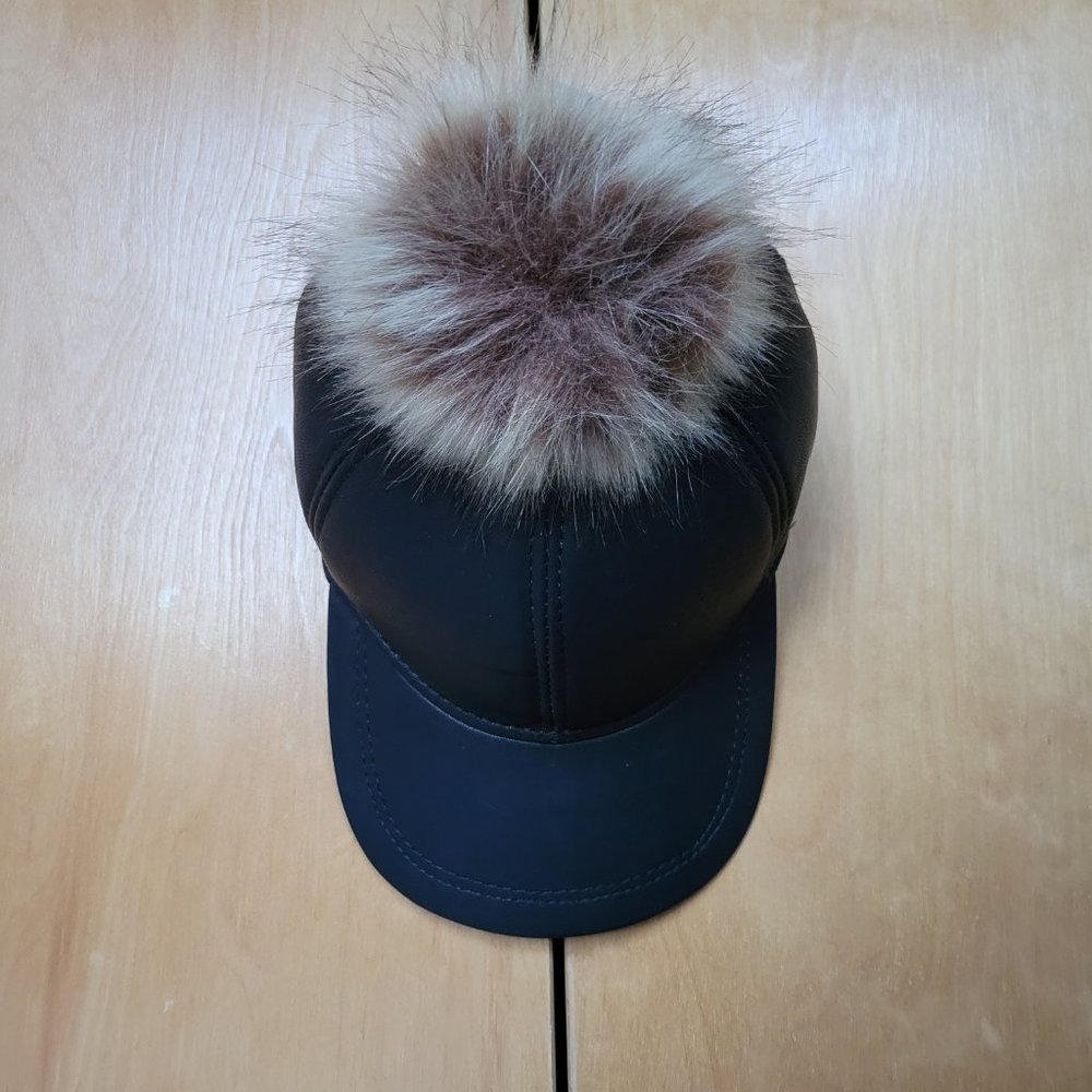 NEW Black Leather Baseball Hat Adjustable Back Strap with Removeable Fur Pom Pom - Picture 4 of 7